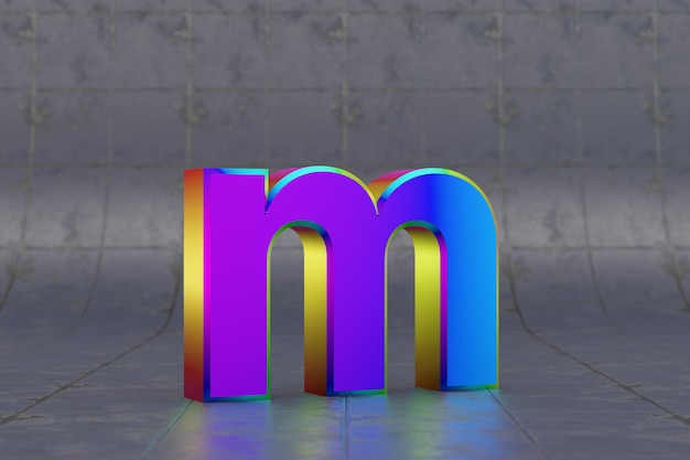Многоцветная 3d строчная буква M. Глянцевая радужная буква на фоне плитки. Металлический алфавит с отражениями студийного света. 3D визуализированный символ шрифта.