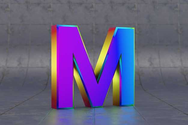 Multicolor 3d letter m uppercase. glossy iridescent letter on tile background. metallic alphabet with studio light reflections. 3d rendered font character