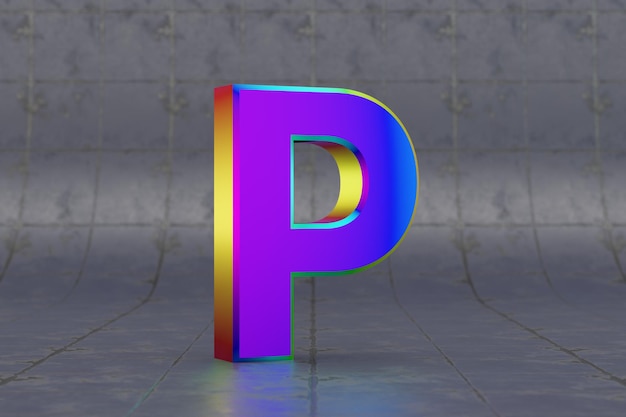 Multicolor 3d letter P uppercase. Glossy iridescent letter on tile background. Metallic alphabet with studio light reflections. 3d rendered font character.