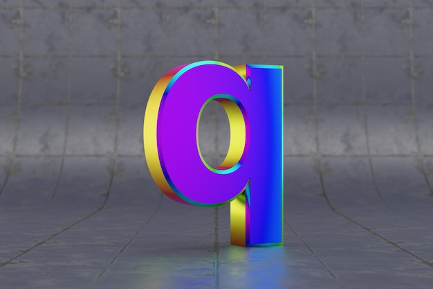 Multicolor 3d letter Q lowercase. Glossy iridescent letter on tile background. Metallic alphabet with studio light reflections. 3d rendered font character.