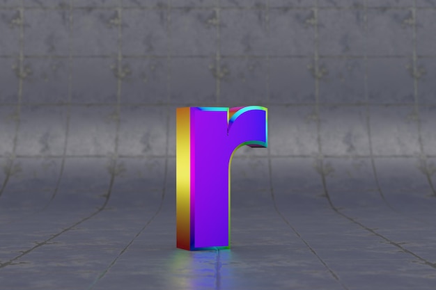 Фото Многоцветная 3d строчная буква r. глянцевая радужная буква на фоне плитки. металлический алфавит с отражениями студийного света. 3d визуализированный символ шрифта.
