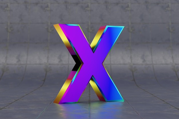 Multicolor 3D-letter X hoofdletters. Glanzende iriserende letter op tegelachtergrond. Metallic alfabet met studio lichtreflecties. 3D-gerenderde lettertype karakter.