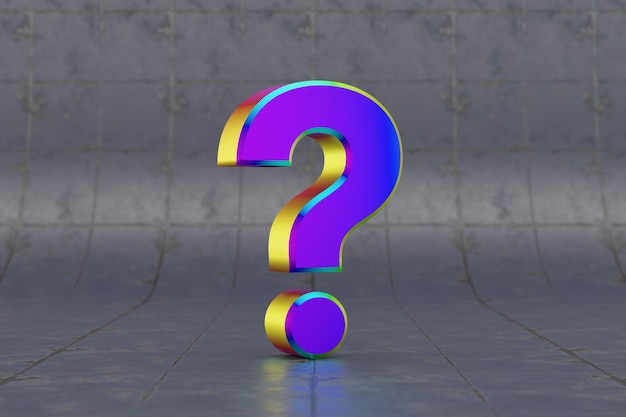 Multicolor 3d question symbol. Glossy iridescent sign on tile background. Metallic alphabet with studio light reflections. 3d rendered font character.