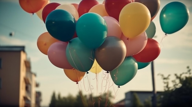 Разноцветные воздушные шары, украшенные ретро-фильтром Instagram, означающим счастье в летний день рождения