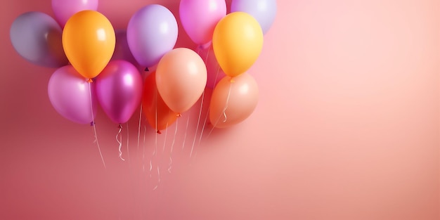 Multicolor balloons on a pink background with copy space the concept of a holiday event birthday