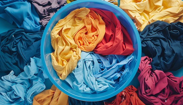 Photo multicolor clothes except yellow swirl in a blue colour plastic basin top view