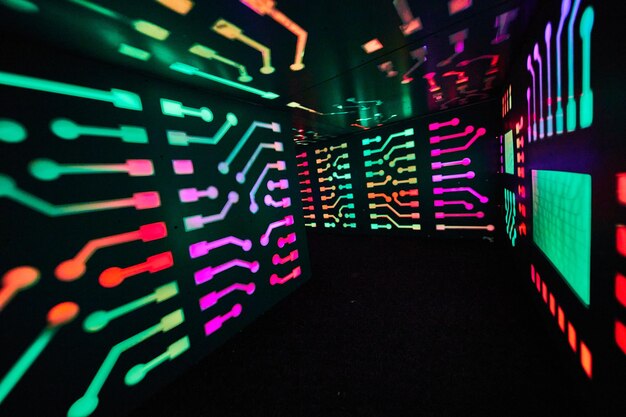 Multicolor computer lights in small tunnel