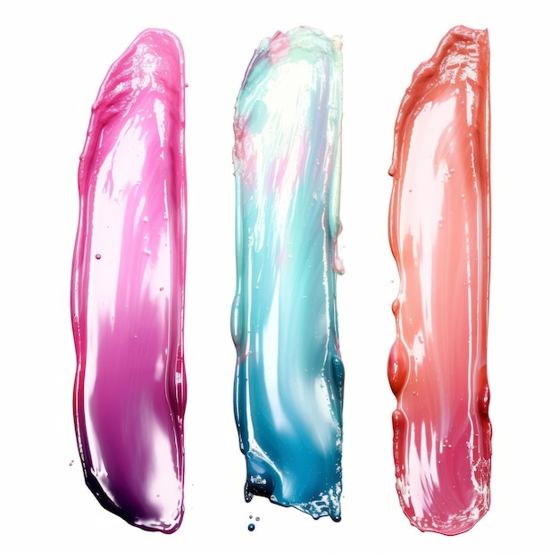 Multicolor cosmetics lipstick smear Trendy color makeup swatch Top view of cream smears