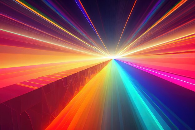Multicolor divergent laser beams as d render neon background