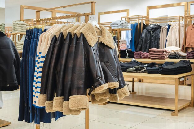 Multicolor family clothes on hangers in store