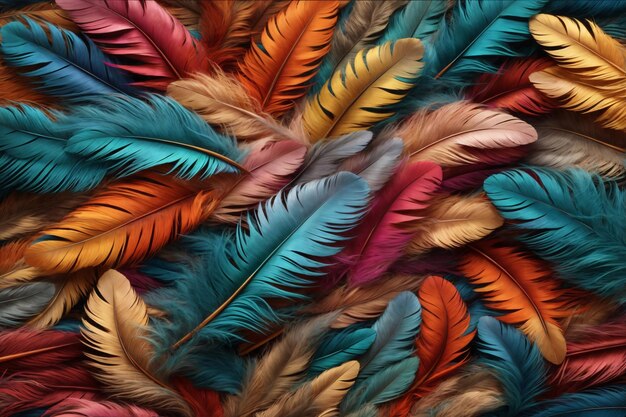 多色の羽の背景 カラフルな羽の壁紙 虹の羽の背景 カラフルなふわふわの羽のテクスチャ 羽のパターン 羽のテクスチャ 毛皮のテクスチャ AI 生成