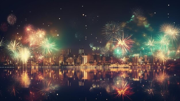 Photo multicolor fireworks explosion in night sky defocused night city background ai generative