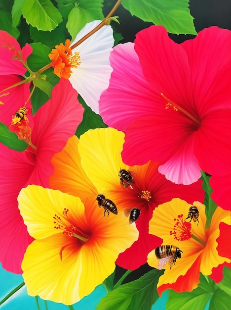 Multicolor hibiscus flowers and honey bees creative acrylic painting on canvas hd acrylic image