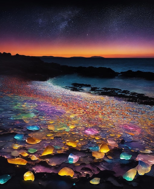 Foto incredibile spiaggia di vetro multicolore con luce lunare di notte dipinti su carta immagine ad acquerello hd