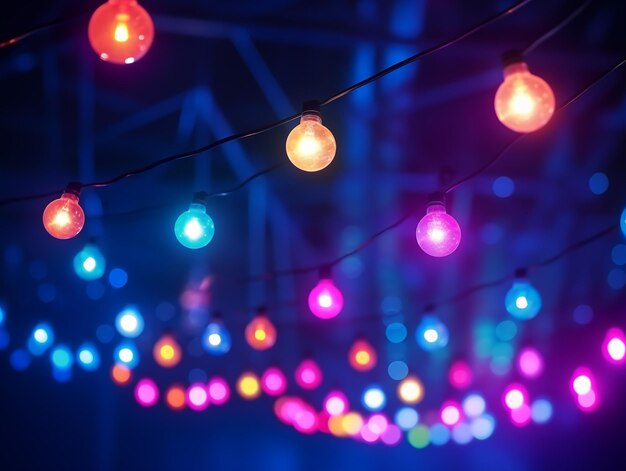 Многоцветный светодиод на кабеле с темно-синим фоном Концепция фестиваля
