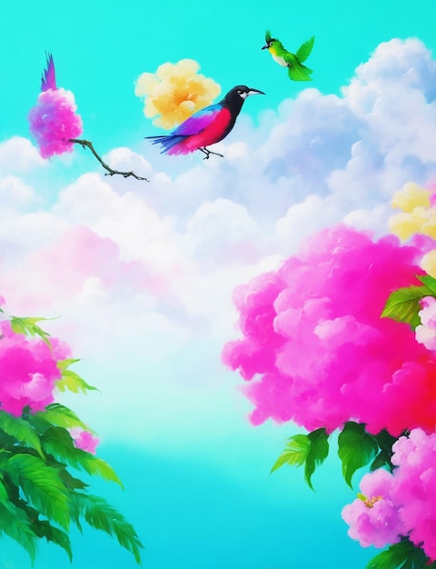 Multicolor mysterious paradise bird flowers fluffy clouds acrylic painting on paper hd acrylic image