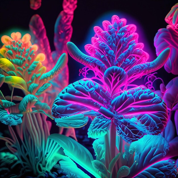 Foto disegno a luce al neon multicolore fiori a forma astratta isolati su sfondo nero arte a linee luminose