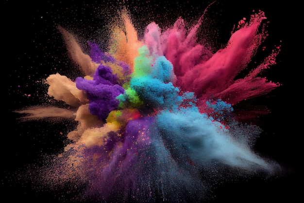 Multicolor powder explosion on black background with Generative AI Technology