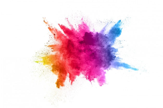 Photo multicolor powder explosion on white background.