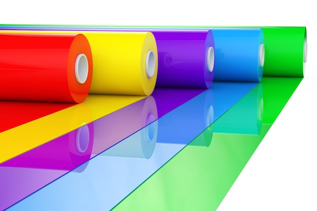 Multicolor PVC polyethyleen kunststof tape rollen of folie op een witte achtergrond. 3D-rendering.