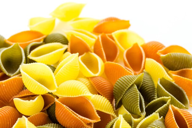 Multicolor shell pasta with tomato and spinach.