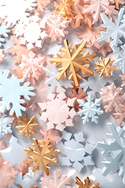 Multicolor snowflakes on candy gradient pastel color winter vertical background with copy space for New Year Christmas party seasonal holiday promotion Flat lay top view AI Generative content