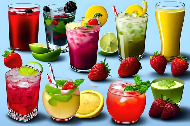 여러 가지 빛깔의 여름 음료 레모네이드