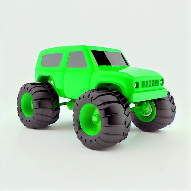 Multicolor toy car offroad with monster wheels on white background