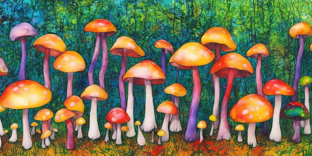 Multicolored amanita mushrooms