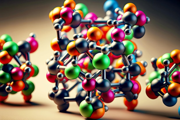 Photo multicolored articulation of atoms and bonds in molecule closeup model