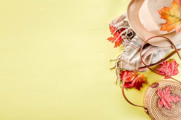 Multicolored autumn background with hat, plair and bag