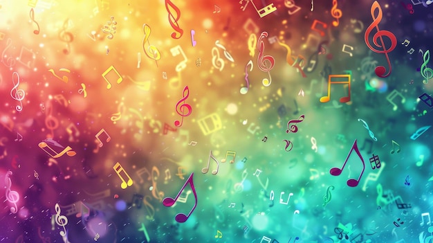 A multicolored background with musical notes falling from the top of the image and a rainbow colored background