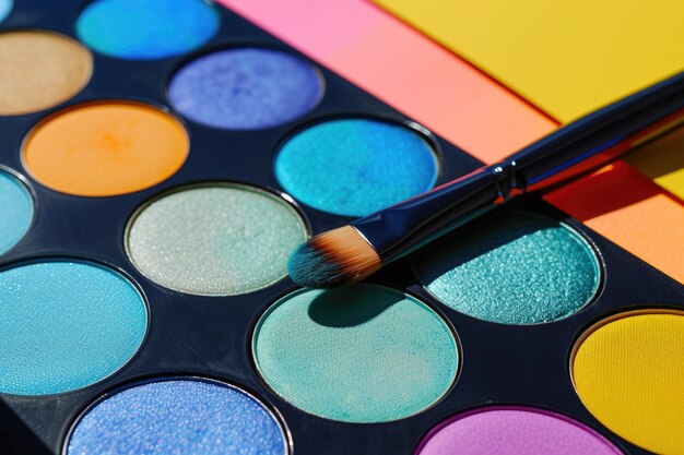 Photo multicolored background with pallet shadows for face eye shadow eyeliner womens beauty