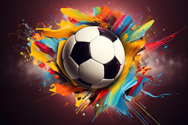 Multicolored background with soccer ball in the goal