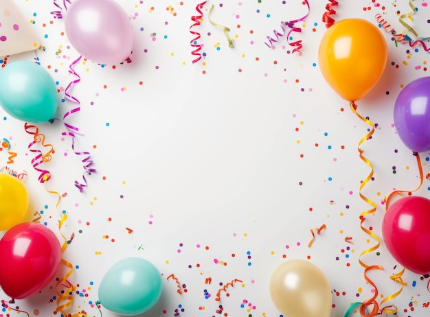 Multicolored balloons ribbons and confetti on a white background create a festive atmosphere Place for an inscription