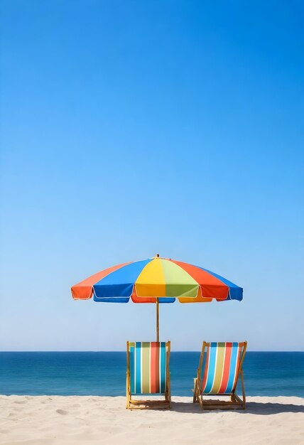 A multicolored beach umbrella with two beach chairs facing the ocean under a clear blue sky