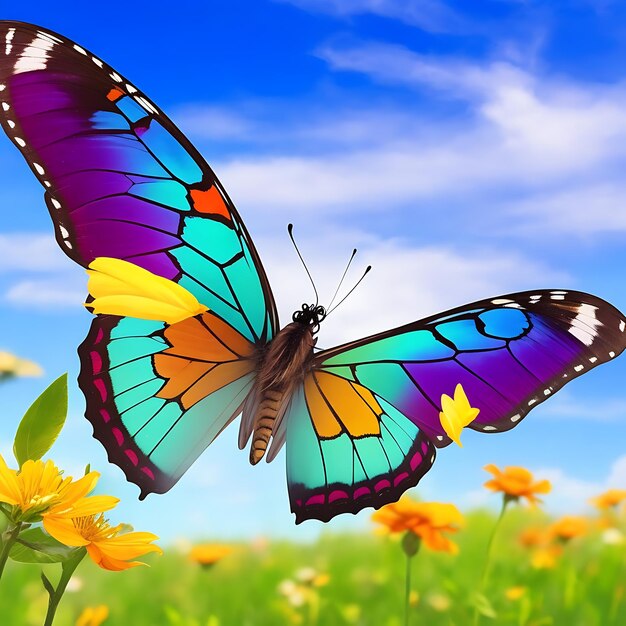 Multicolored beautiful butterfly playing on flower close up beauty generative ai