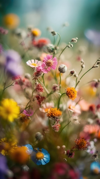 Photo multicolored beautiful wildflowers bloom on a green meadow warm summer evening generative ai