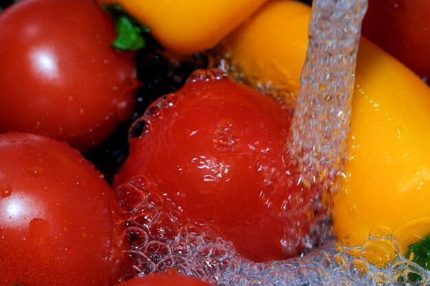 Multicolored bell peppers and red ripe tomatoes are washed in clean water close-up macro photography on a black background