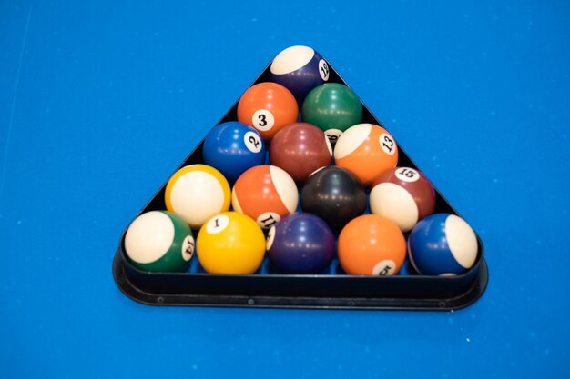 Multicolored billiards billiard balls on a blue table colored balls on a billiard table play snooket