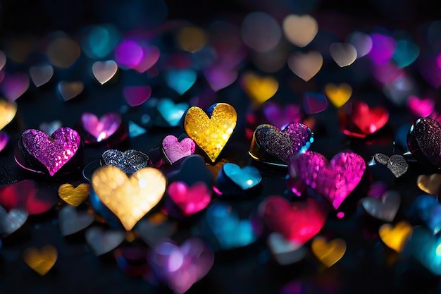 Multicolored bokeh hearts on black surface