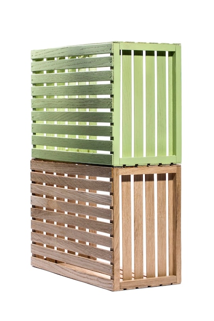 Multicolored boxes of wooden slats on a white background