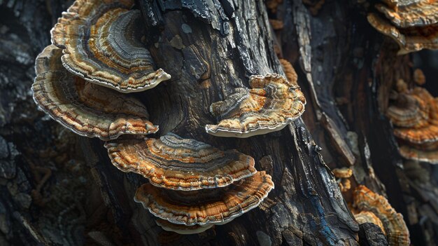 Photo multicolored bracket fungus on an aged tree