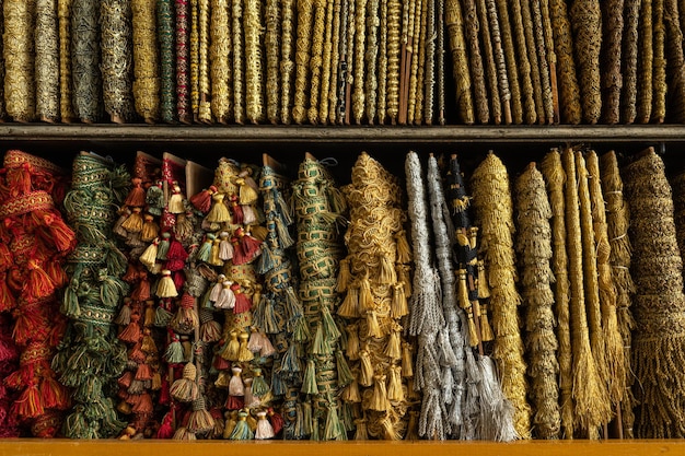 Multicolored braid on the counter of the store for decoration sewing and needlework