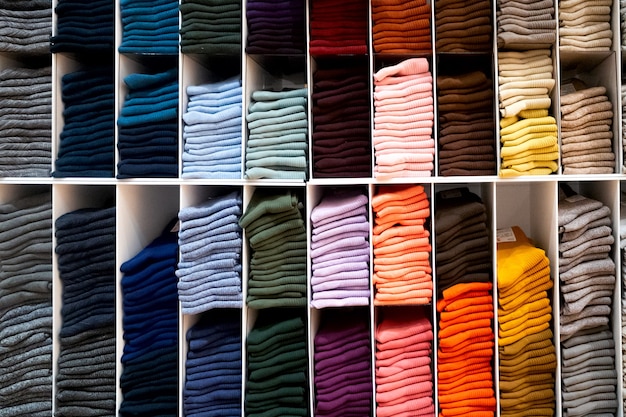 Multicolored bright socks on shelve in store.