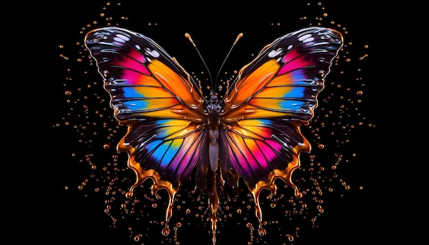 Multicolored butterfly with splashes of paint on a black background