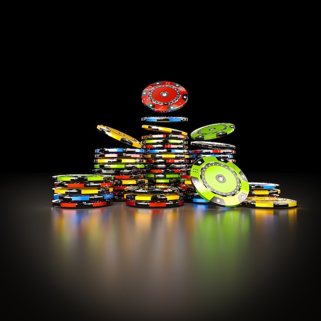 Multicolored casino chips on black. 3d render