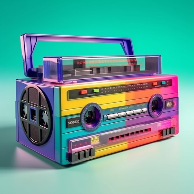 A multicolored cassette player with a multicolored cover.