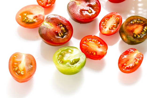 Multicolored cherry tomatoes picked from organic garden.