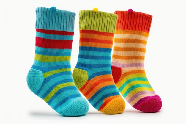 Multicolored childrens socks for baby isolated on white background created with generative ai